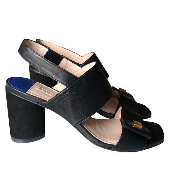 Stuart Weitzman Black Leather Slingback Round Suede Heel Sandal Size 7.5 - Picture 2 of 14